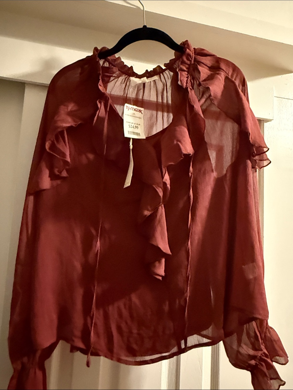 MELLODAY Burgundy Sheer Ruffle Tie-Neck Blouse NWT Size L - Picture 4 of 9